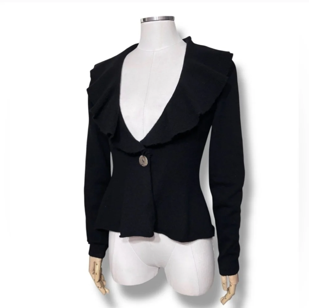 LH SPORT Black Cashmere Ruffle Collar Single Button Cardigan Peplum Hem VINTAGE
